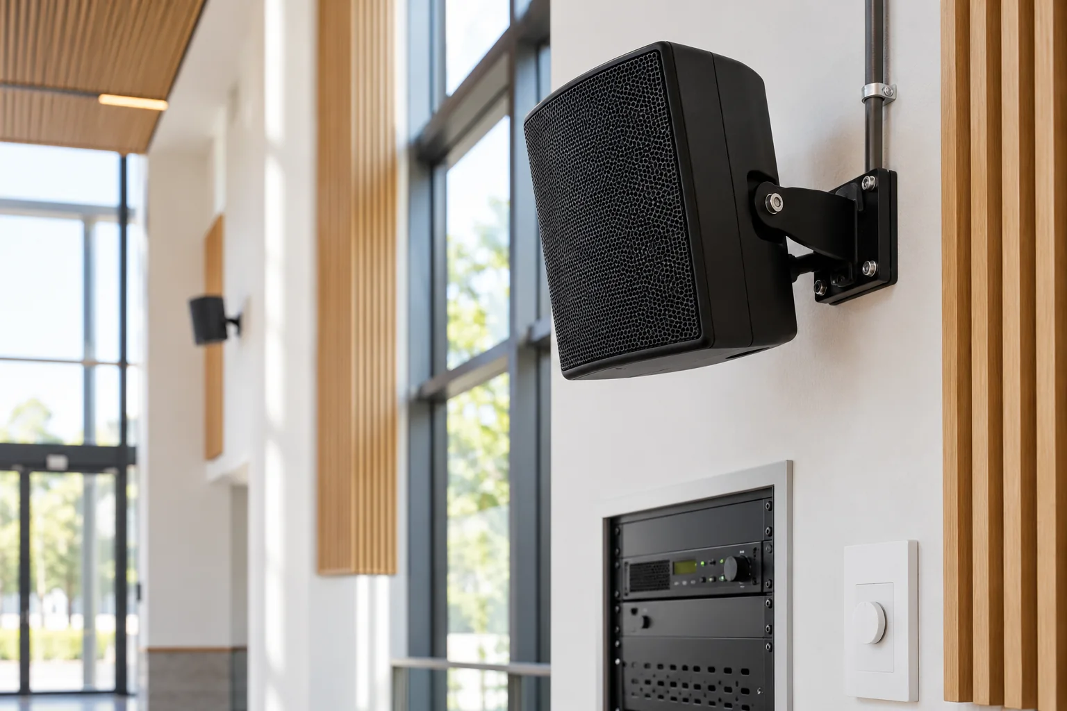 Détail d’une enceinte professionnelle sur support mural et de son intégration technique