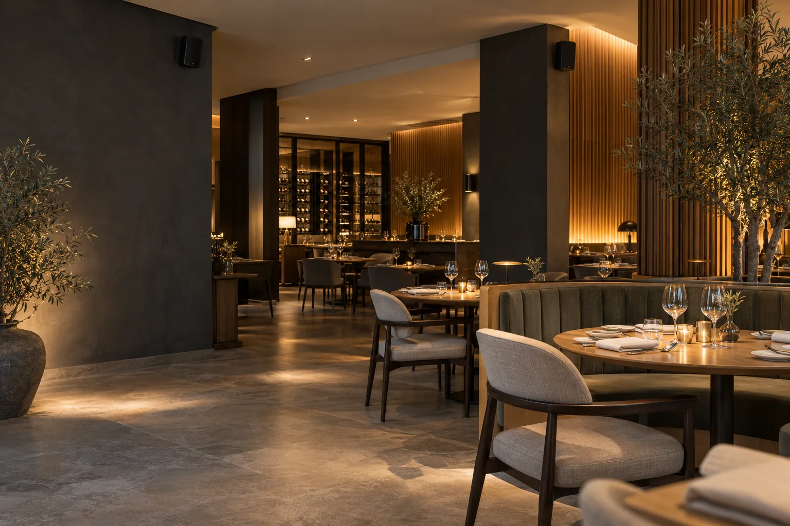 Restaurant contemporain, enceintes discrètes intégrées à l’architecture